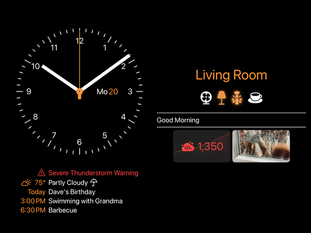 An iPad screenshot: a large clock on the left with the weather and the day’s appointments under it, a room’s dashboard on the right with a CO₂ reading and a still from a camera, all on black