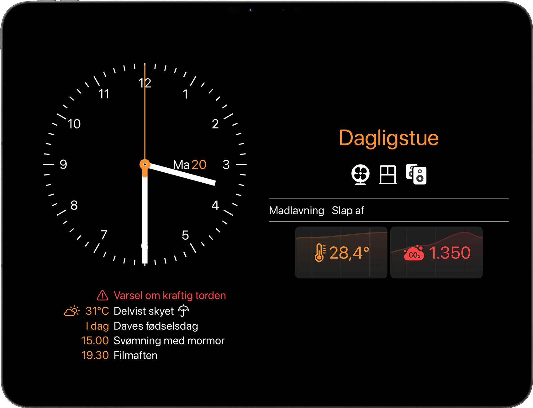 Wallflower 3 på en iPad: Et vægur og dagens kalender ved siden af et værelses oversigt, med et varsel om voldsomt vejr, en temperatur og en CO₂-måling