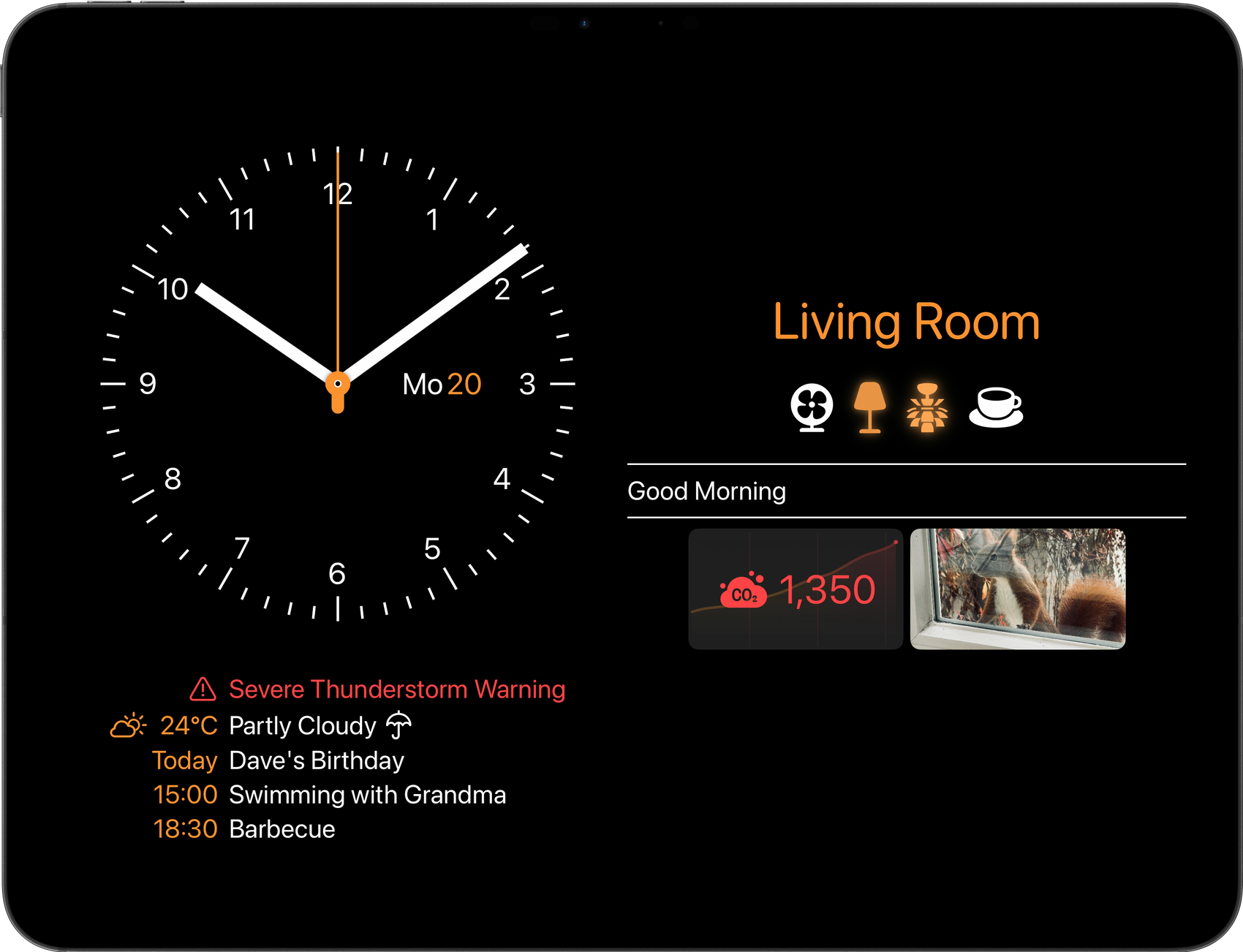 Wallflower 3 on an iPad: a wall clock and today’s calendar beside a room’s dashboard, with a severe weather warning, a CO₂ reading and a camera