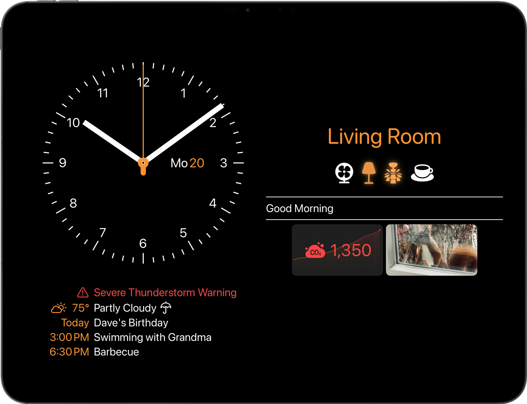 Wallflower 3 on an iPad: a wall clock and today’s calendar beside a room’s dashboard, with a severe weather warning, a CO₂ reading and a camera