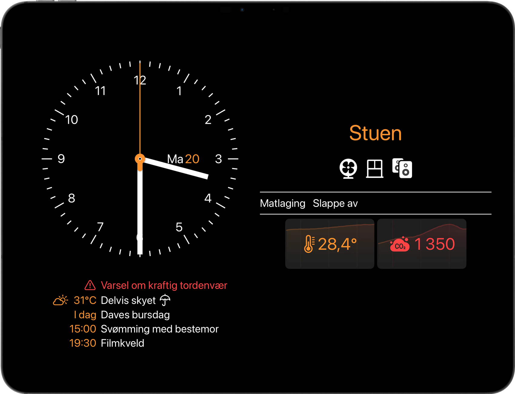Wallflower 3 på en iPad: en veggklokke og dagens kalender ved siden av oversikten for et rom, med et farevarsel, en temperatur og en CO₂-måling
