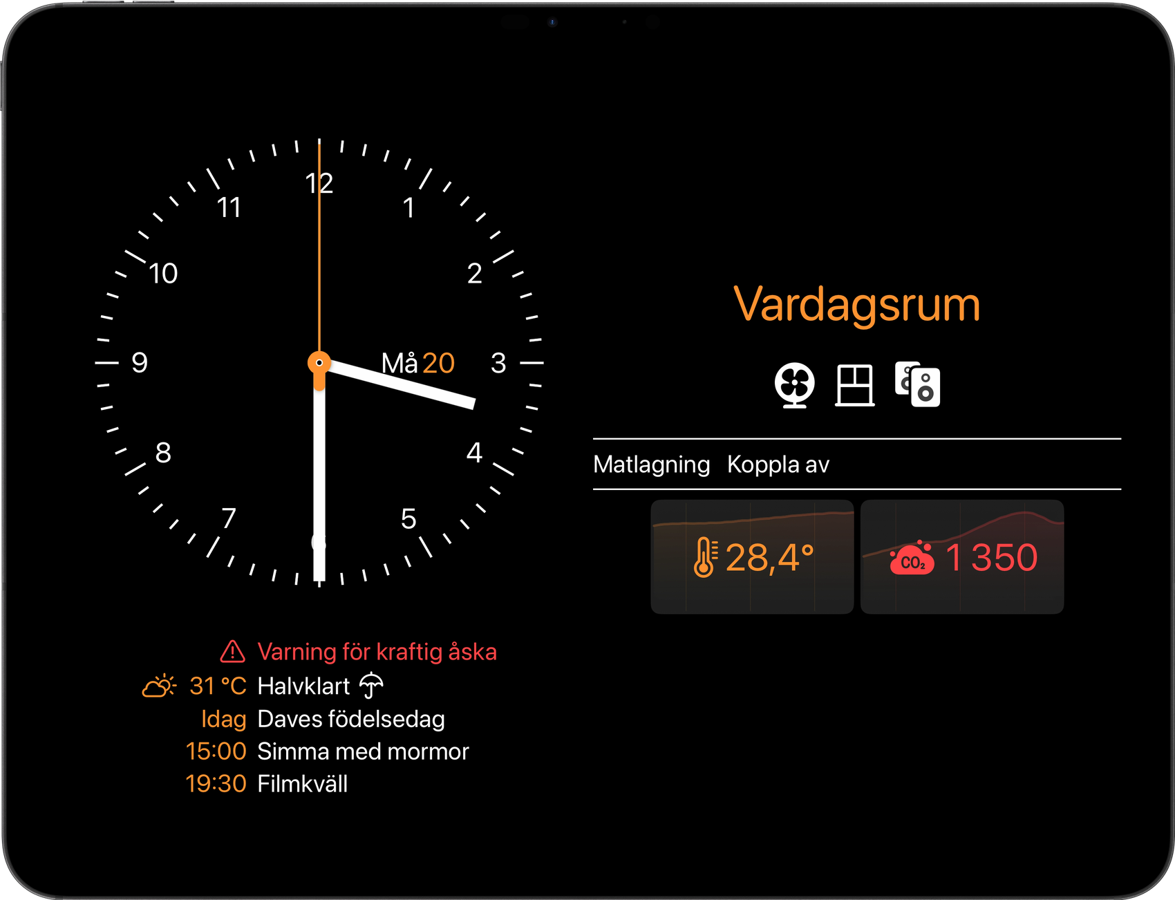 Wallflower 3 på en iPad: en väggklocka och dagens kalender bredvid ett rums översikt, med en vädervarning, en temperatur och ett CO₂-värde