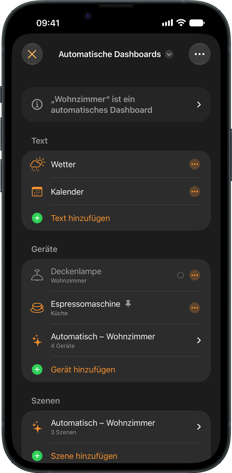Der Dashboard-Editor von Wallflower auf einem iPhone, mit den Texten, Geräten und Szenen eines Dashboards