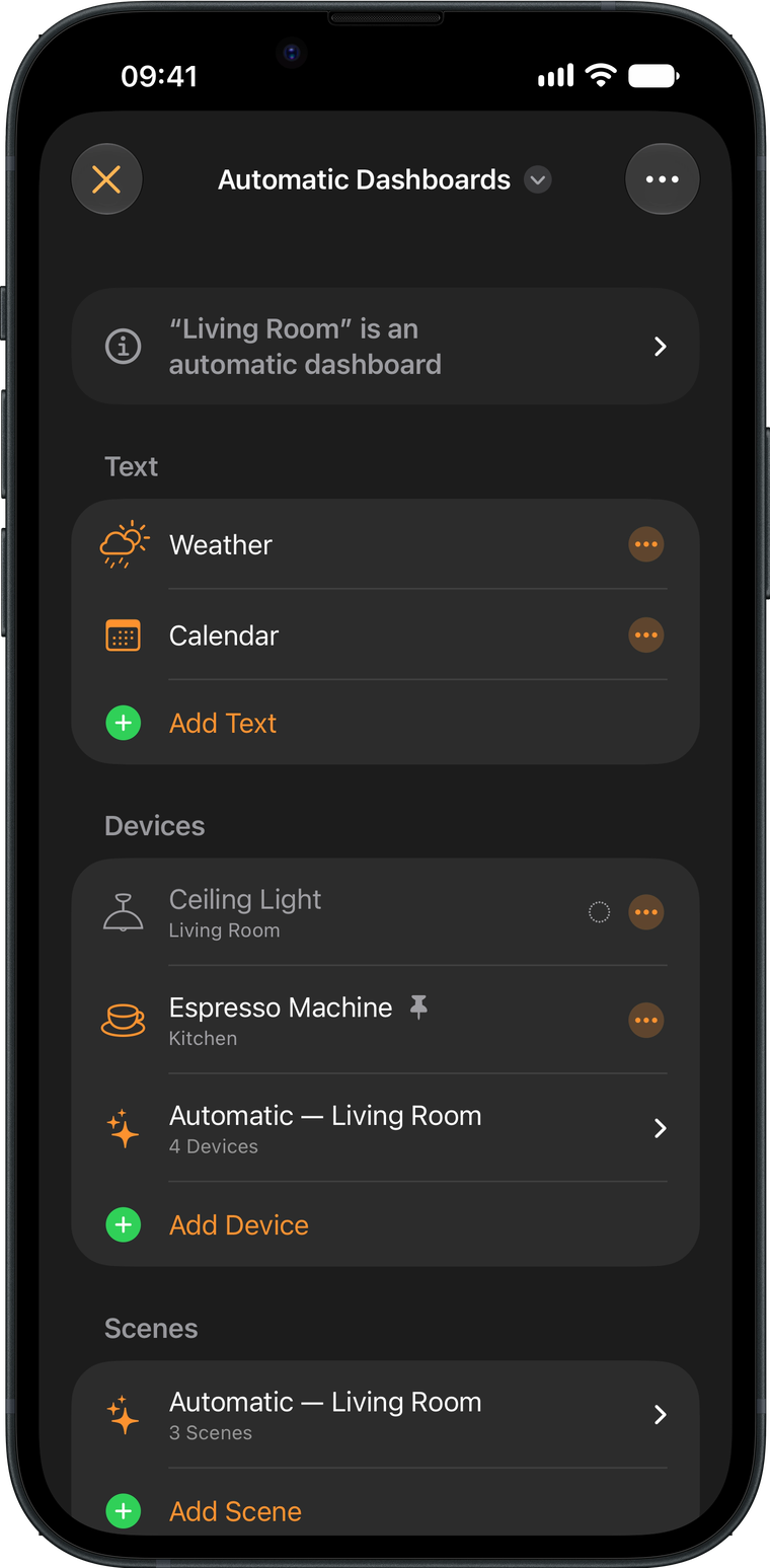 Wallflower’s dashboard editor on an iPhone, listing the text, devices and scenes on a dashboard