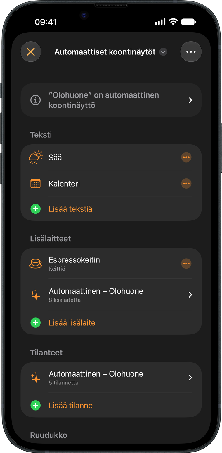 Wallflowerin koontinäyttöeditori iPhonella: luettelo koontinäytön teksteistä, lisälaitteista ja tilanteista