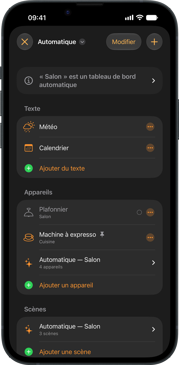 L’éditeur de tableau de bord de Wallflower sur un iPhone, avec les textes, les accessoires et les scènes d’un tableau de bord