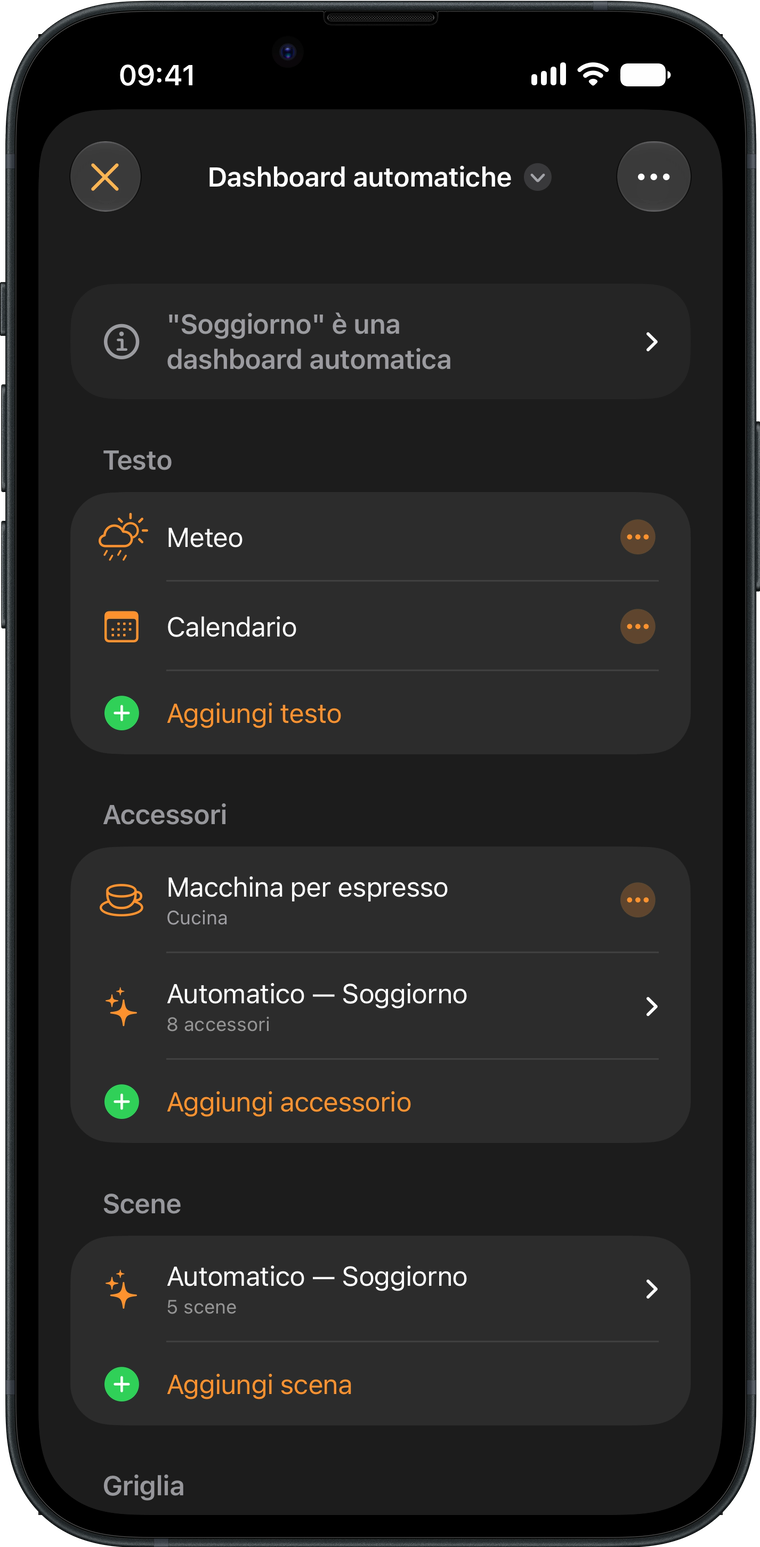 L’editor della dashboard di Wallflower su un iPhone, con l’elenco di testi, accessori e scene di una dashboard