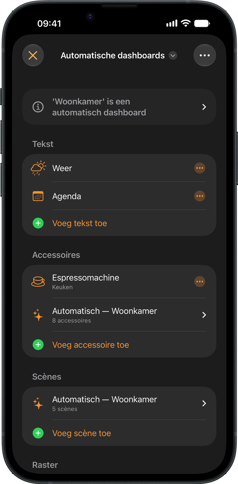 De dashboardeditor van Wallflower op een iPhone, met de teksten, accessoires en scènes van een dashboard