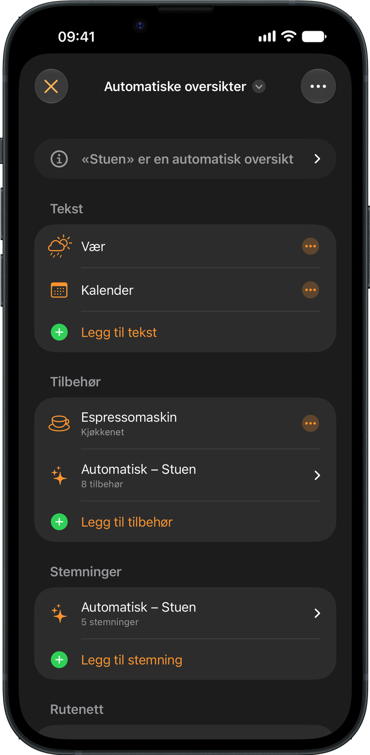 Redigering av en oversikt i Wallflower på en iPhone, med listen over tekst, tilbehør og stemninger på oversikten