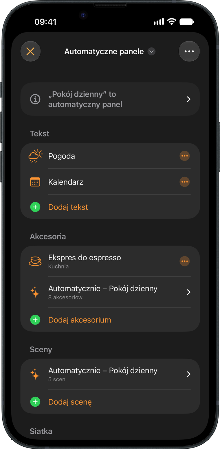 Edytor panelu Wallflower na iPhonie, z listą tekstów, akcesoriów i scen na panelu