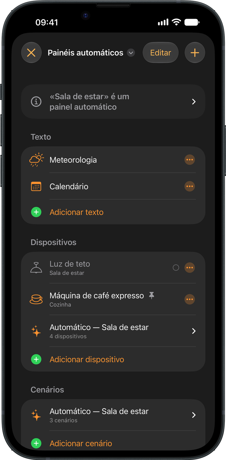 O editor de painéis do Wallflower num iPhone, com os textos, os acessórios e os cenários de um painel