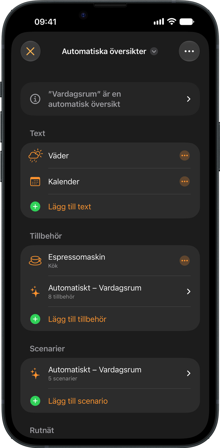 Wallflowers översiktsredigerare på en iPhone, med texterna, tillbehören och scenarierna i en översikt