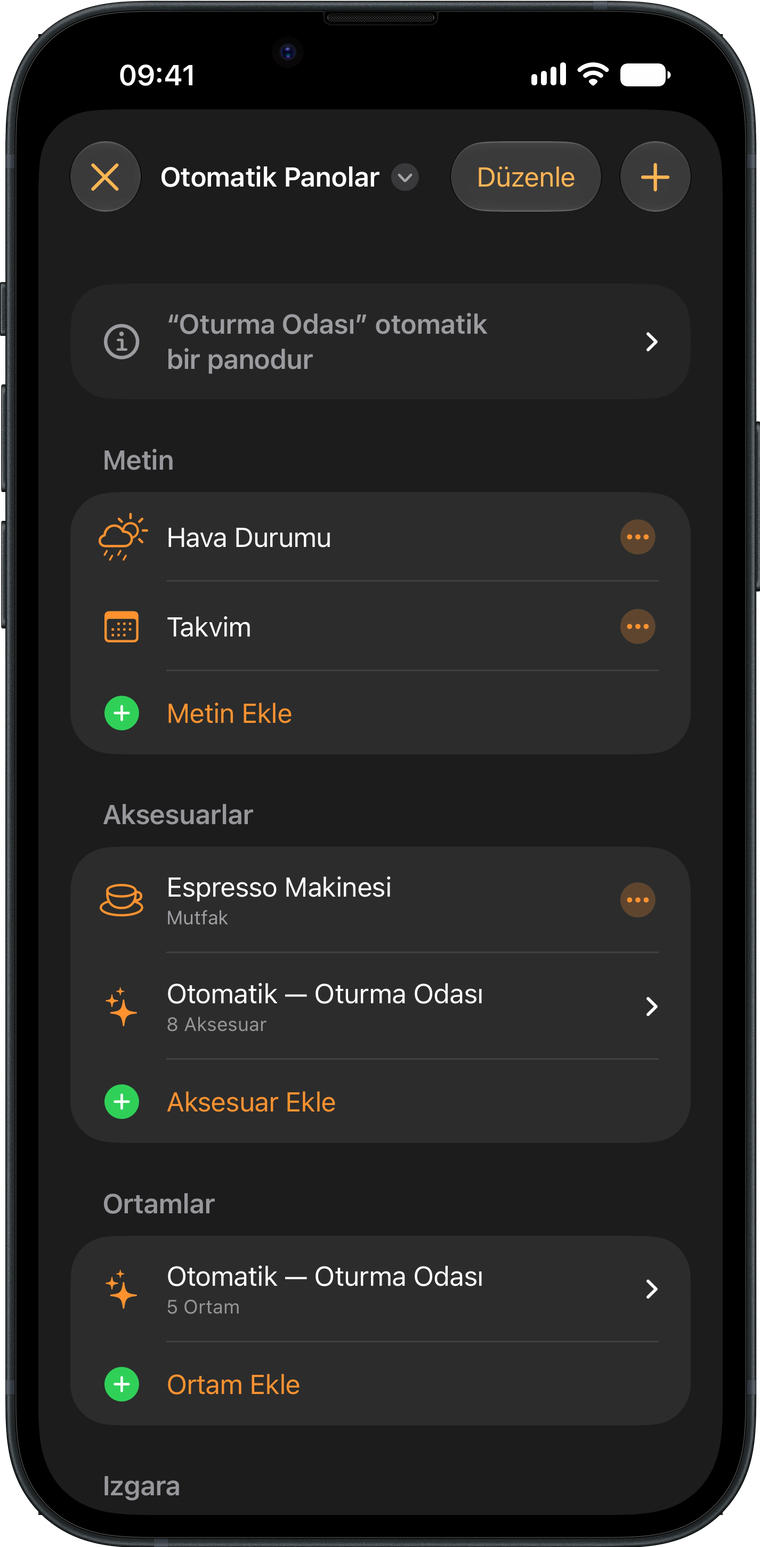 iPhone’da Wallflower’ın pano düzenleyicisi, bir panodaki metinleri, aksesuarları ve ortamları listeliyor